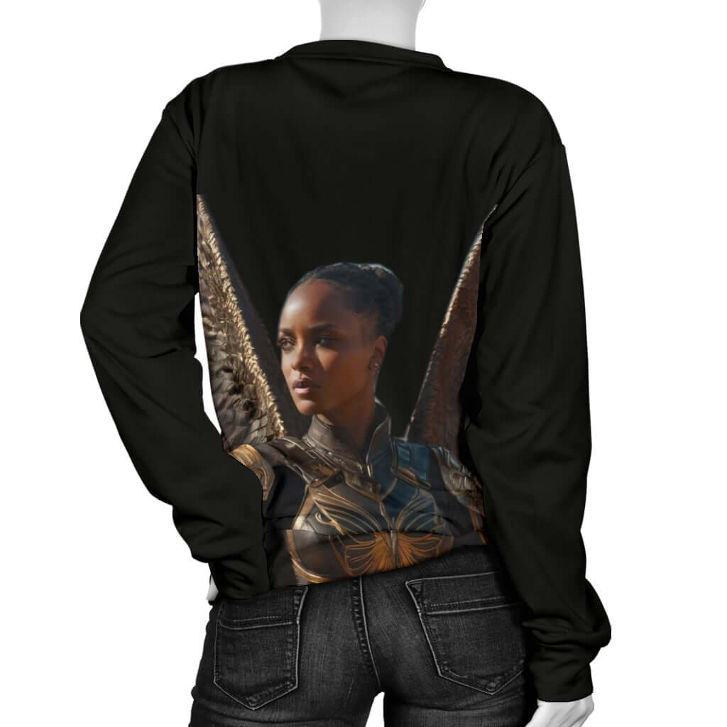 Back view of Women’s black sweater on mannequin – Black Owned fashion brand, custom-made durable sweater for cultural fashion.