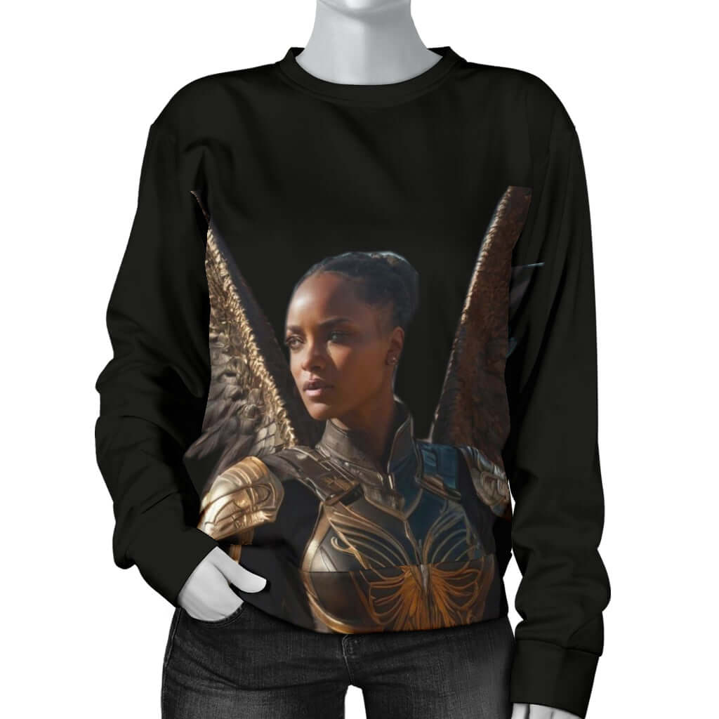 Front view of Women’s black sweater displayed on mannequin – Black Owned fashion brand, premium woven polyester handcrafted for elegance and style.