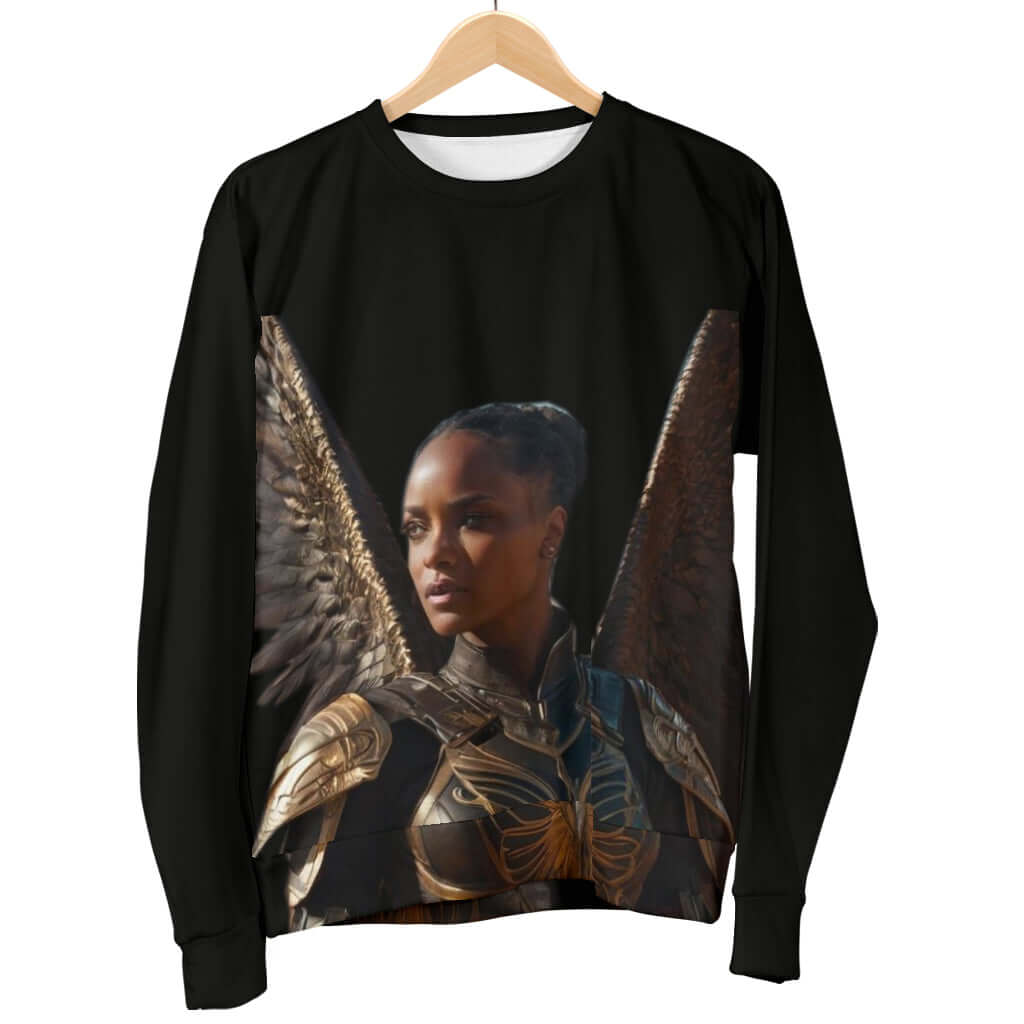 Women’s black sweater hanging on clothing rack – Black Owned fashion brand, handcrafted woven polyester for lasting comfort and style.
