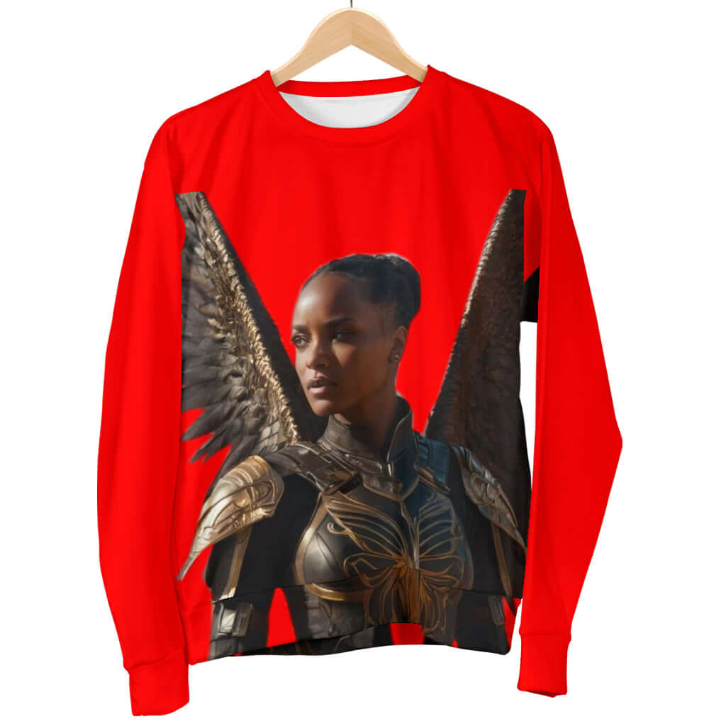 Front view of Women’s Sweater hanging on display – Black Owned cultural brand, handcrafted woven polyester sweater with heritage-inspired style.