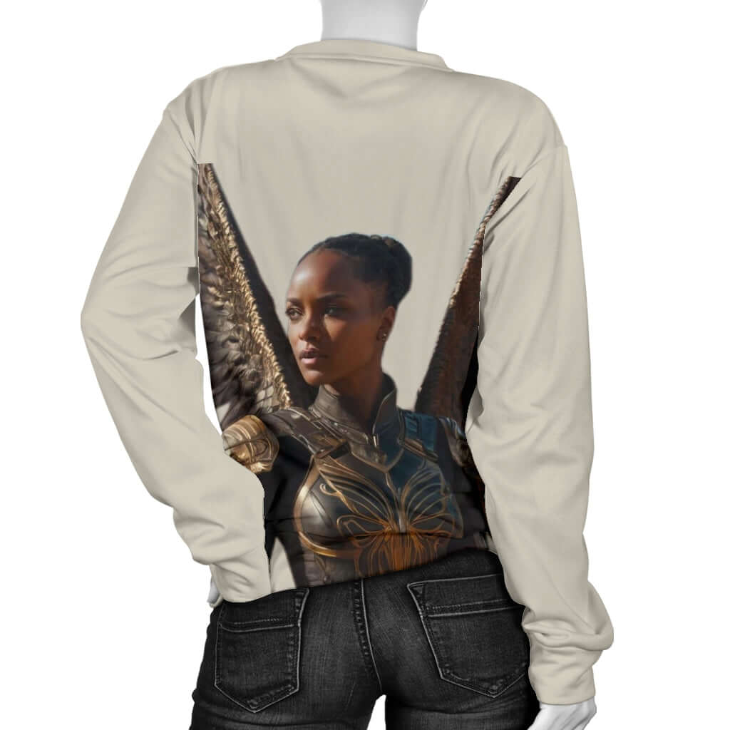 Back view of Women’s white sweater on mannequin – Black Owned brand, custom-made durable sweater with timeless style.