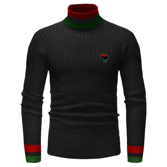 A black turtleneck sweater with a red, black, and green geometric pattern on the sleeves, featuring a round neckline and a brand logo on the chest.