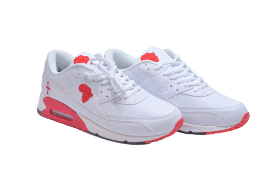 A pair of white sneakers with red and black accents, featuring a distinctive star design and the brand's logo on the sole.