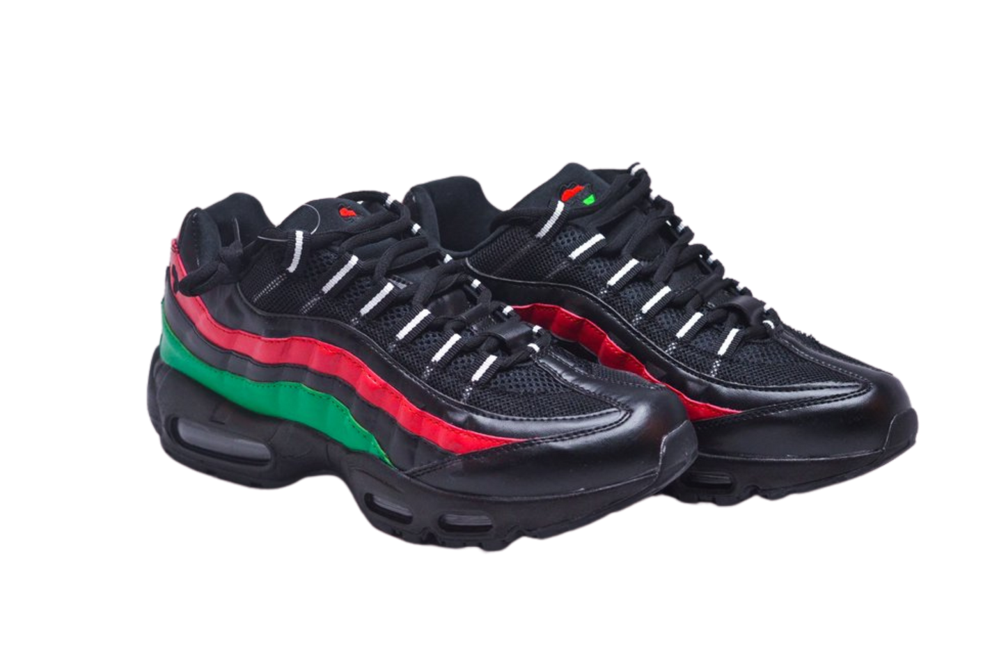 Nat_Turner pair of black sneakers with red and green accents, displayed against a white background.