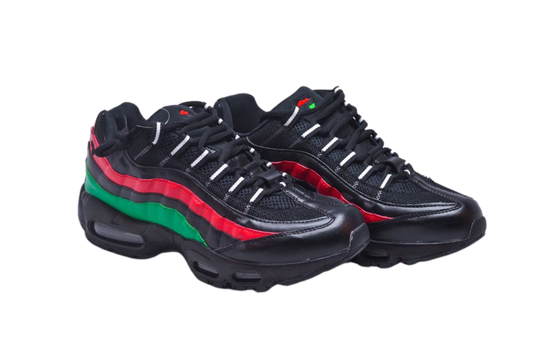 Nat_Turner pair of black sneakers with red and green accents, displayed against a white background.