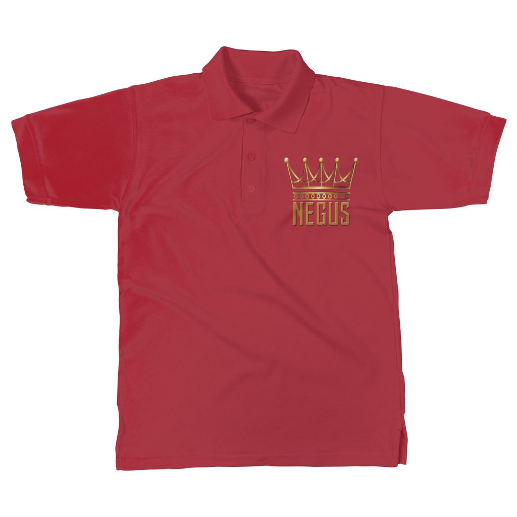 A Red color polo shirt with the 'NEGUS' brand logo in gold on the front, featuring a crown design.