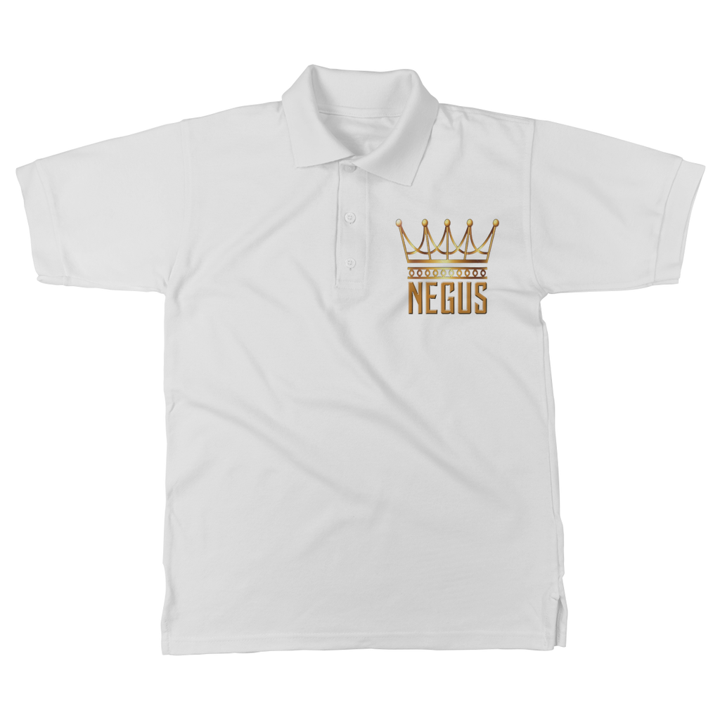 A Withe color polo shirt with the 'NEGUS' brand logo in gold on the front, featuring a crown design.
