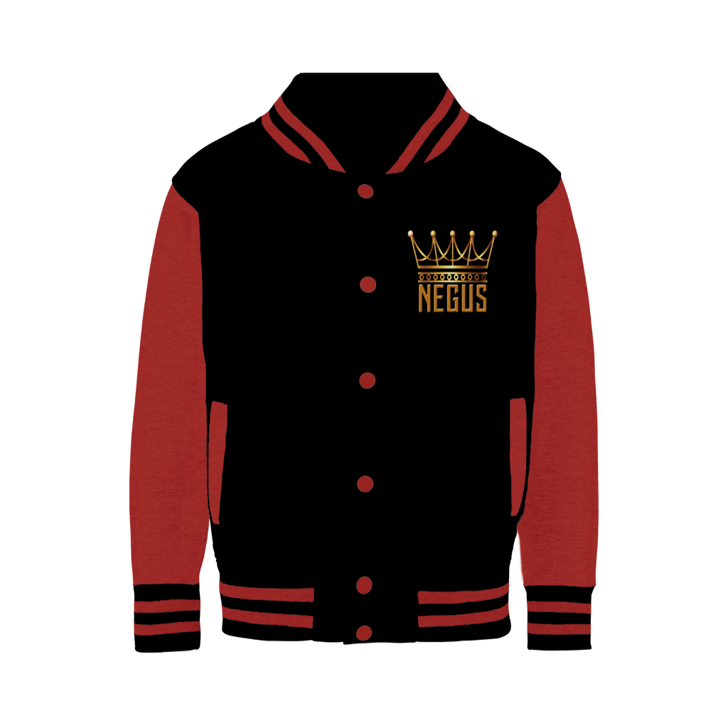 black and orange color NEGUS King Varsity Jackevarsity jacket with a knitted collar, cuffs, and waistband. It features a high definition heat dye application with the NEGUS brand logo in gold on the front.