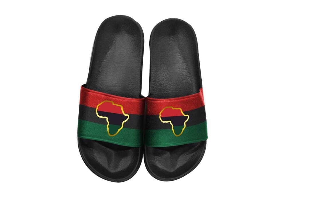 RBG Slippers front view – Black-owned footwear with African map and red, black, green stripes.