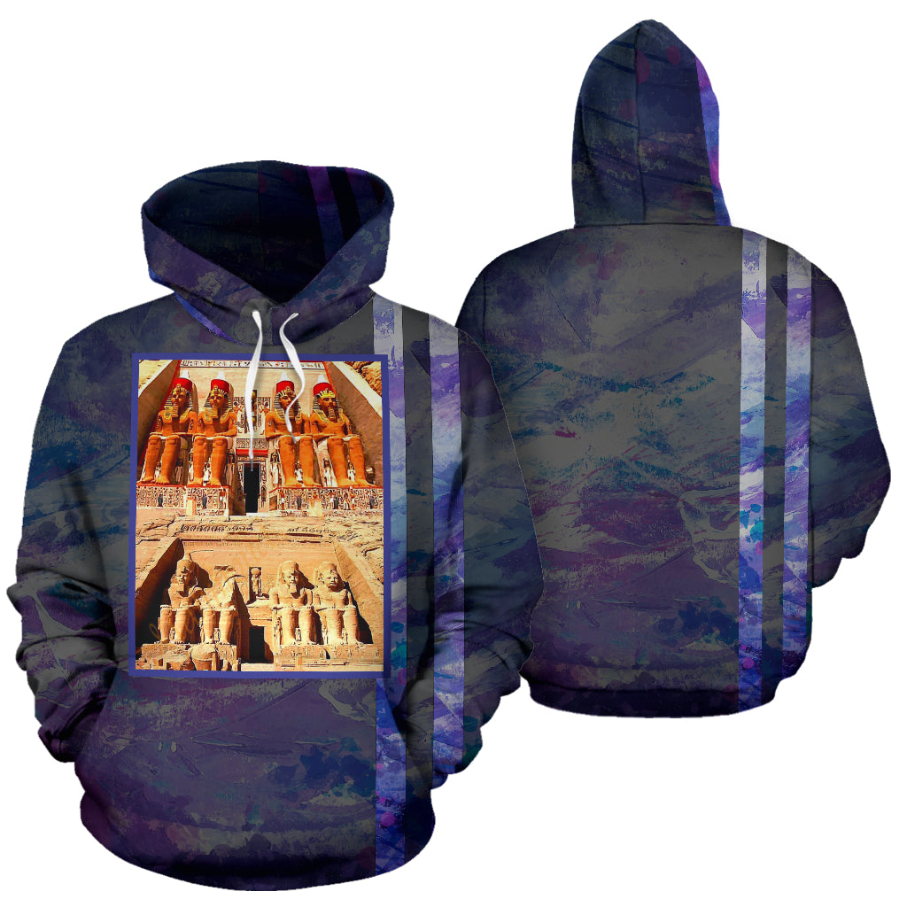 Abu Simbel Statues Hoodie with both front and back views in a single display – Black Owned premium polyester blend hoodie featuring iconic Abu Simbel statue designs, celebrating African heritage and culture.