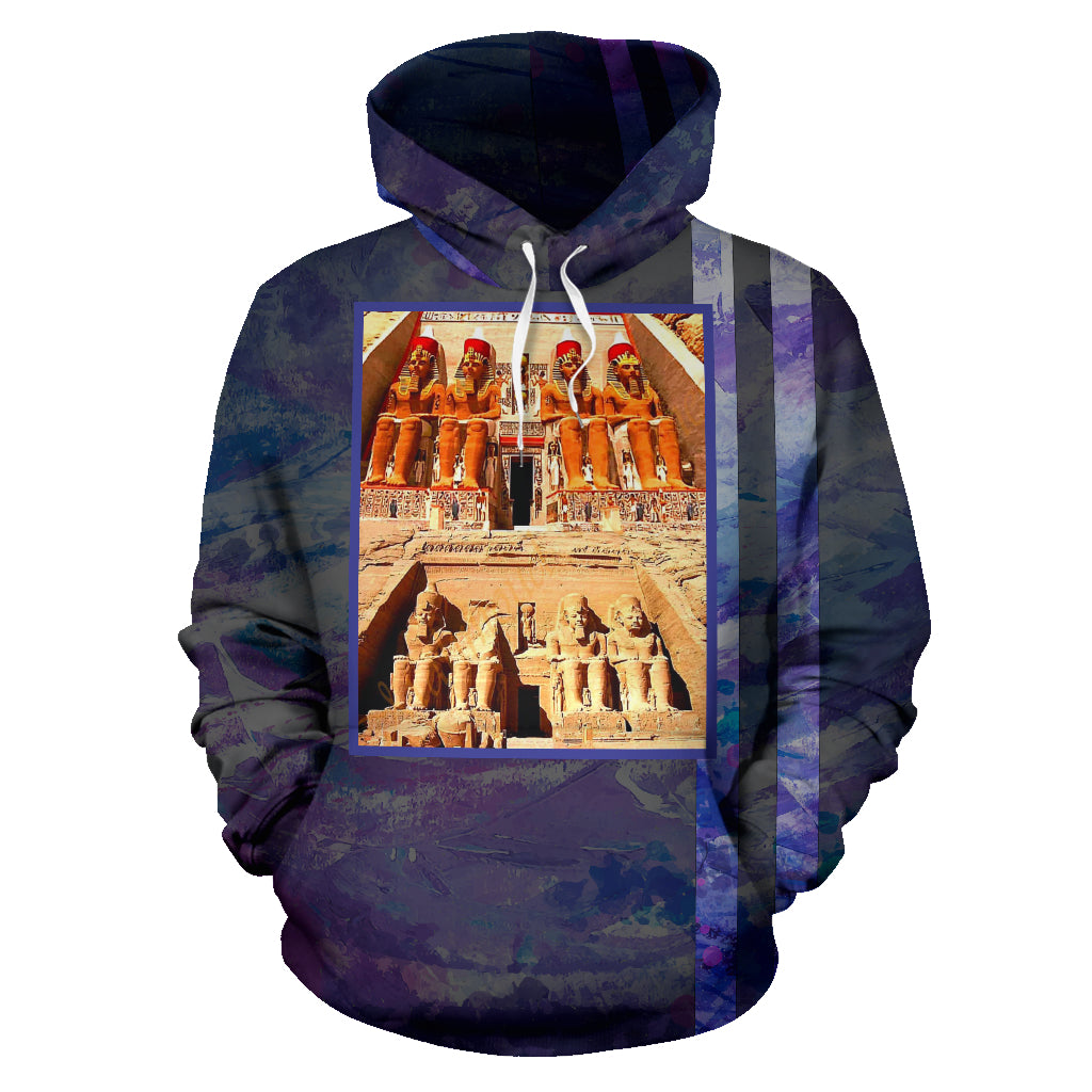 A hoodie with a printed image of Abu Simbel statues on the front, featuring a blue and purple color scheme.