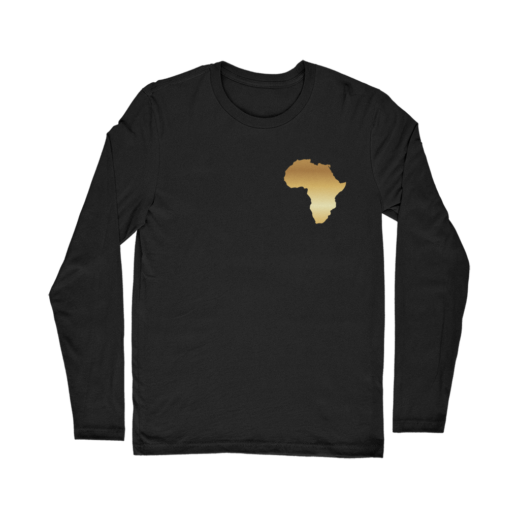 Africa PRIDE Men's Long Sleeve Shirt in black – Black-Owned premium cotton shirt featuring golden African map print, blending cultural pride with modern style