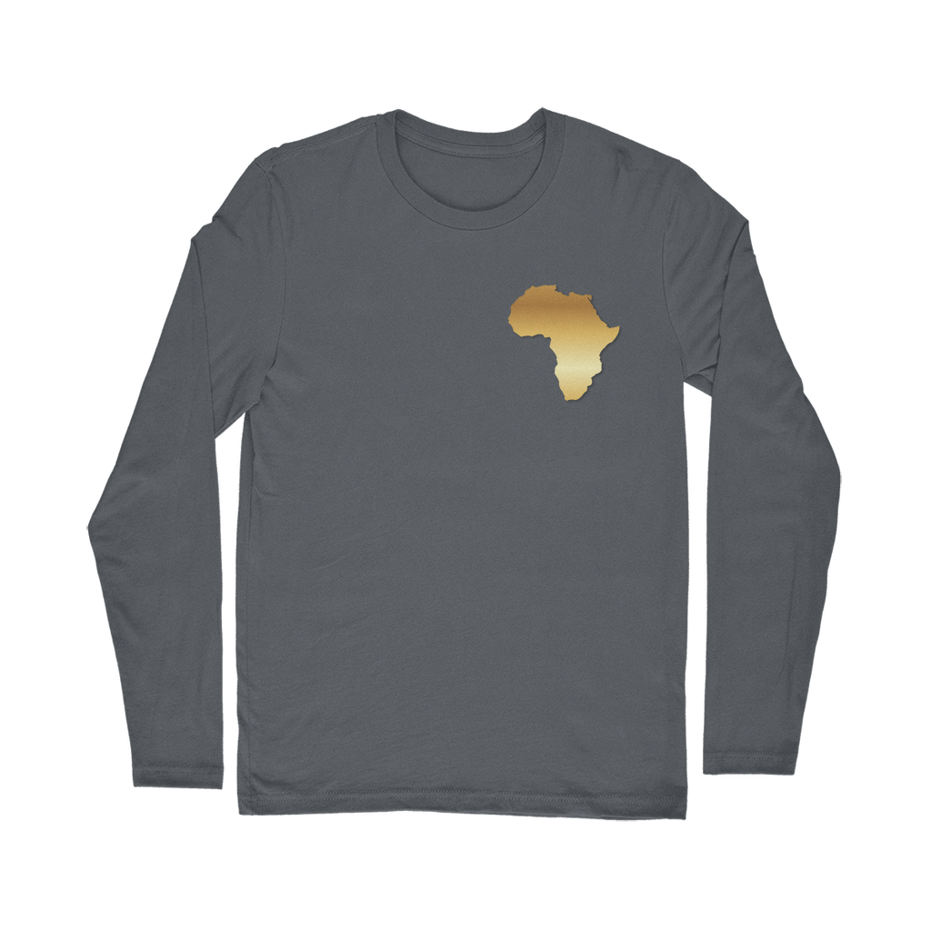 Africa PRIDE Men's Long Sleeve Shirt in dark gray – Black-Owned stylish long sleeve with golden African map design, perfect for everyday heritage wear