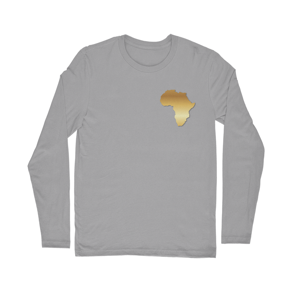 Africa PRIDE Men's Long Sleeve Shirt in light gray – Black-Owned cultural fashion piece with golden African map print for casual and modern looks