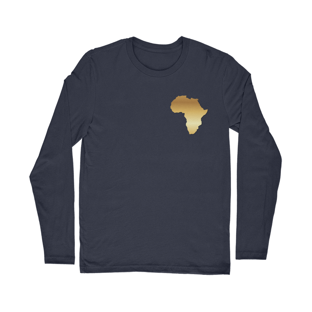 Africa PRIDE Men's Long Sleeve Shirt in navy blue – Black-Owned heritage shirt designed with golden African map emblem for stylish cultural expression