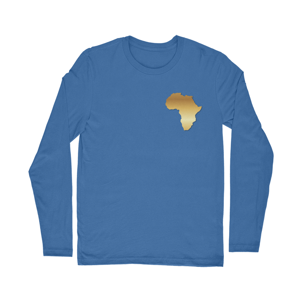 Africa PRIDE Men's Long Sleeve Shirt in royal blue – Black-Owned vibrant long sleeve featuring golden African map design, perfect for cultural statement wear