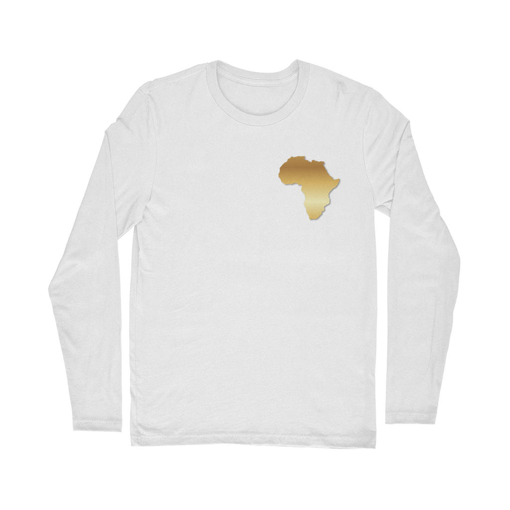 Africa PRIDE Men's Long Sleeve Shirt in white – Black-Owned premium shirt showcasing golden African map, combining clean style with heritage pride