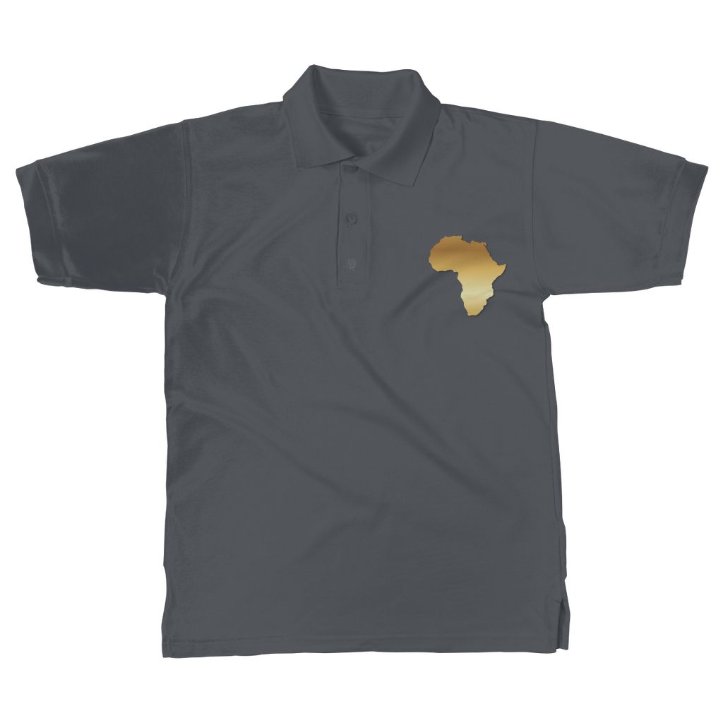 Africa Pride Men’s Polo Shirt in dark gray – Black-Owned stylish polo with golden African map print, designed for everyday comfort and cultural identity