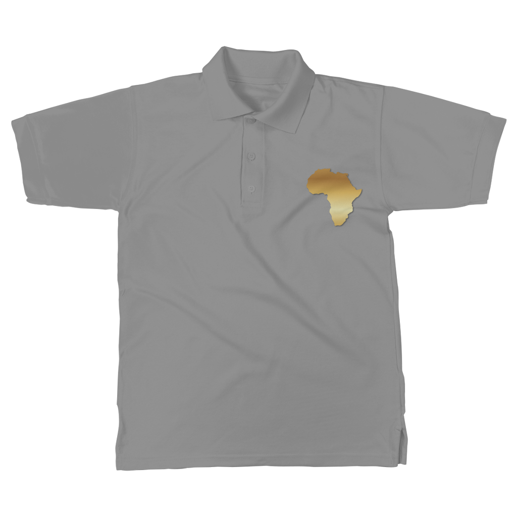 Africa Pride Men’s Polo Shirt in light gray – Black-Owned modern polo with golden African map embroidery, blending comfort with heritage style