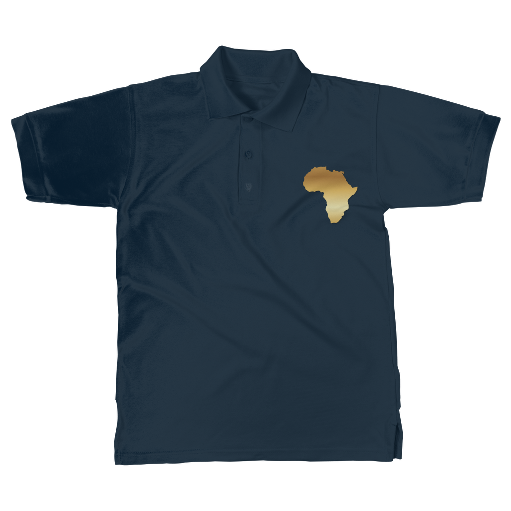Africa Pride Men’s Polo Shirt in navy blue – Black-Owned polo shirt featuring golden African map emblem with premium cotton fabric and cultural pride