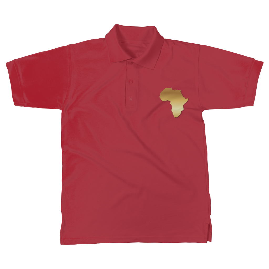 Africa Pride Men’s Polo Shirt in red – Black-Owned fashionable polo showcasing golden African map design for bold heritage-inspired style