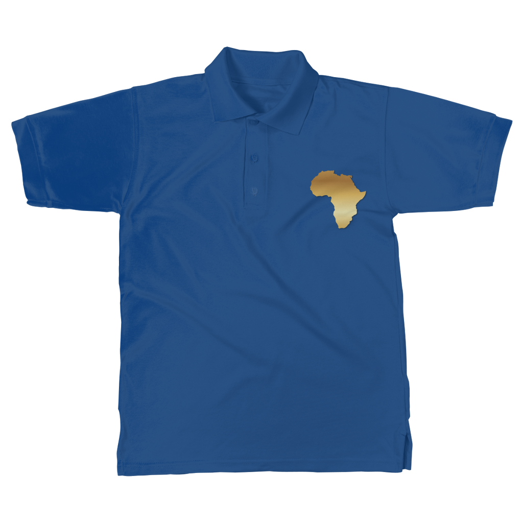 frica Pride Men’s Polo Shirt in royal blue – Black-Owned modern polo with golden Africa map, crafted for lasting comfort and cultural expression
