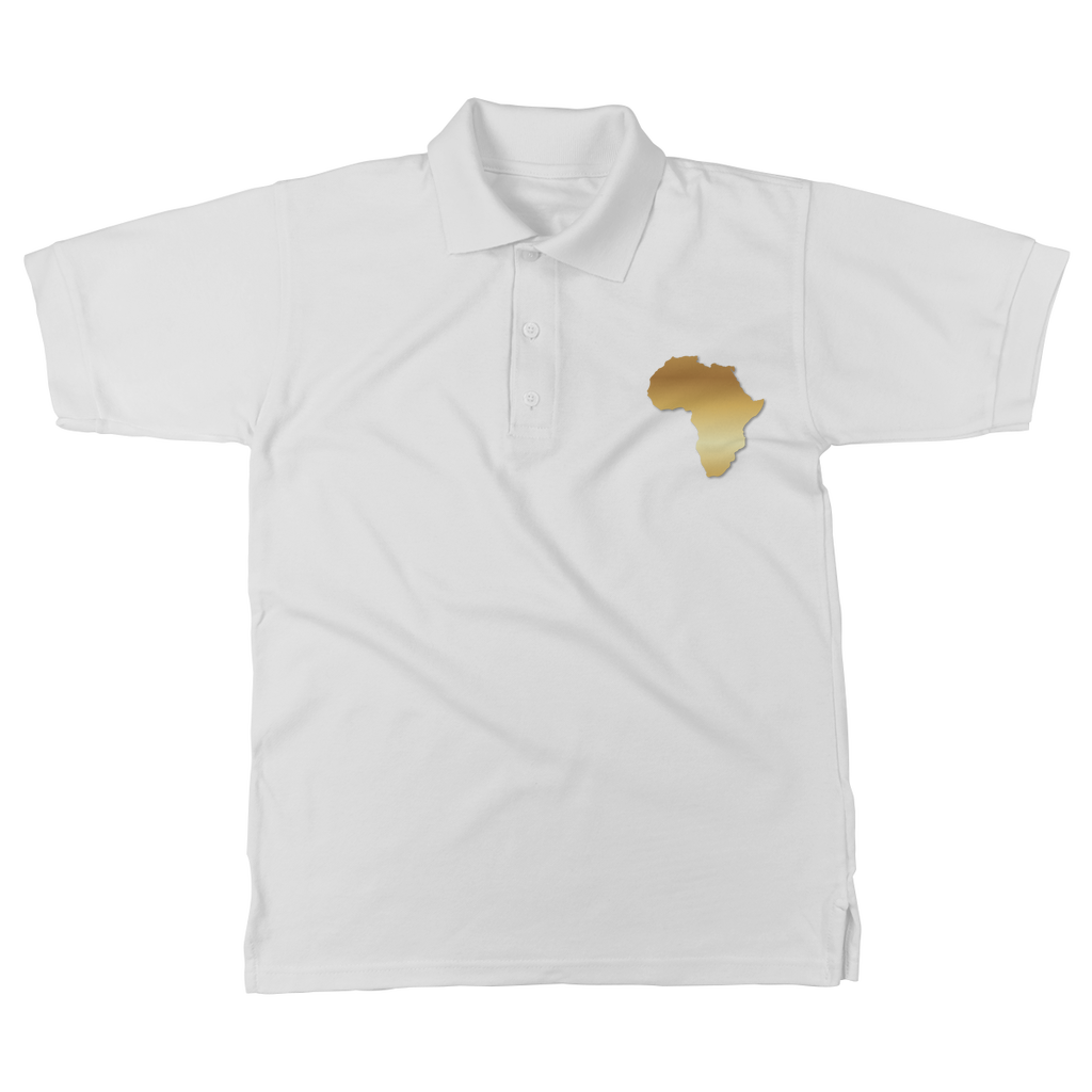 Africa Pride Men’s Polo Shirt in white – Black-Owned classic polo featuring golden African map print, blending clean style with heritage pride