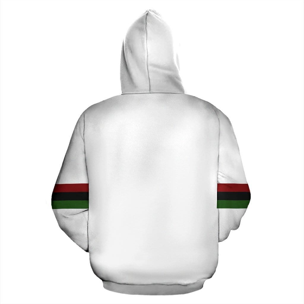 Back view of the Africa PRIDE Men's White Hoodie showing a plain white back with subtle detailing, blending culture and comfort.