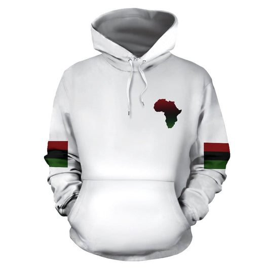 Front of the Africa PRIDE Men's White Hoodie with Africa-inspired design and “PRIDE” text, part of the "teachable wear" line by a Black-Owned brand.