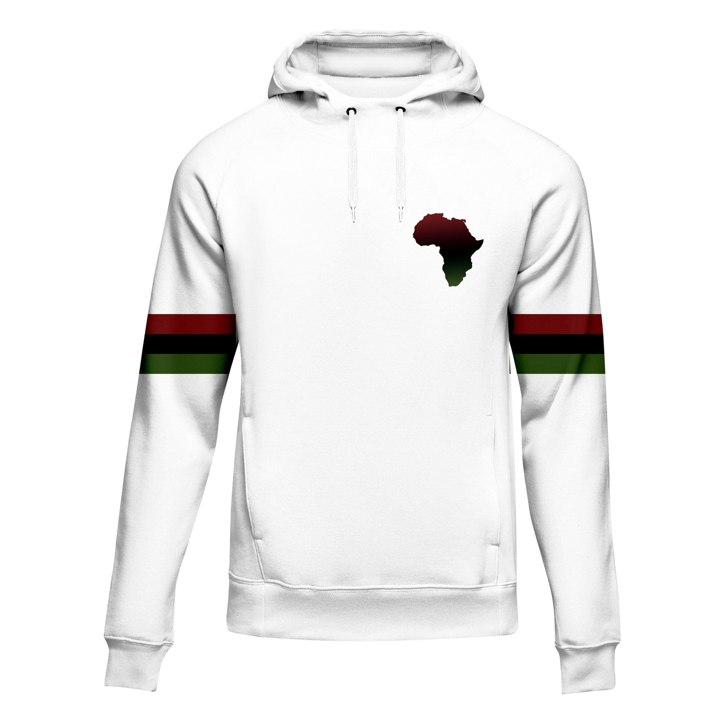 A white hoodie 2 with a Africa-themed design on the front, featuring a black and green stripe pattern and a colorful geometric shape.