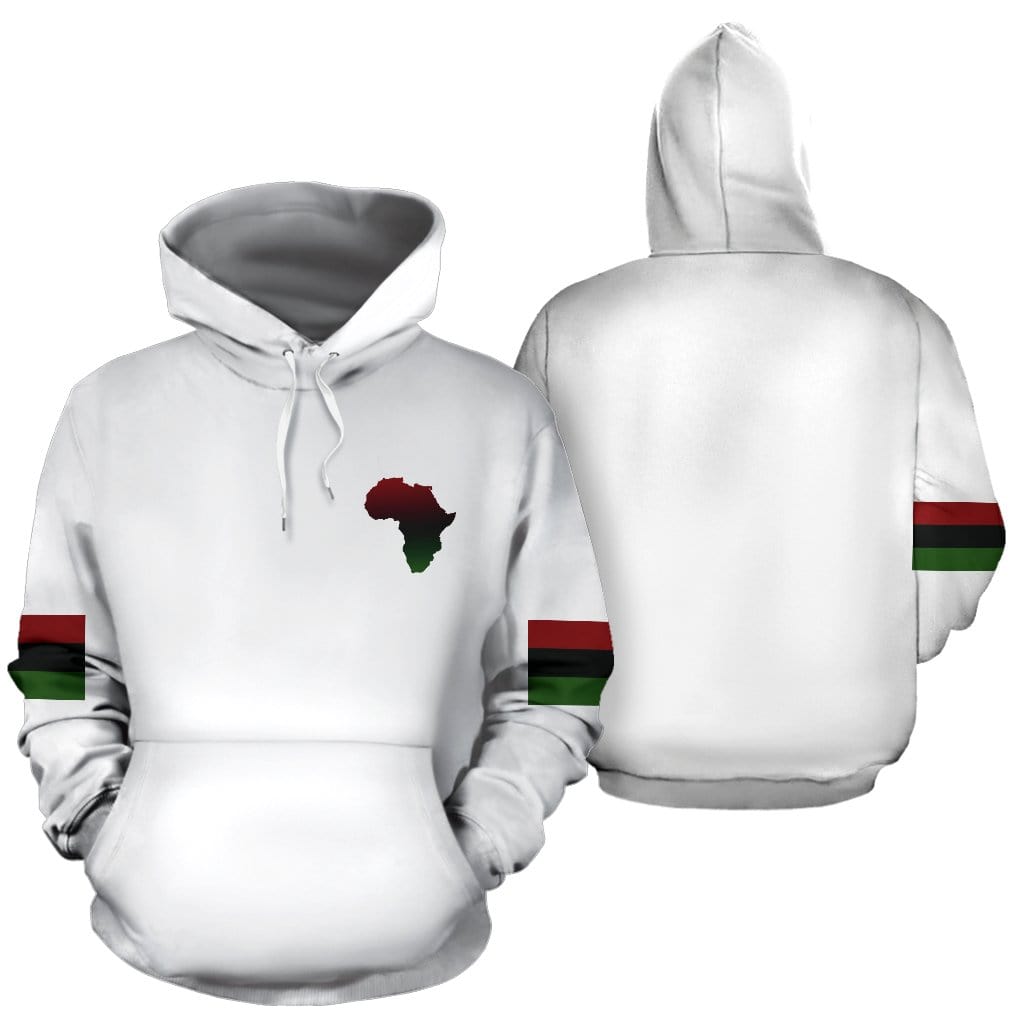 Front and back view of the Africa PRIDE Men's White Hoodie – a sleek, white hoodie from a Black-Owned brand featuring bold Africa PRIDE graphics on the front, representing heritage and identity. The back has a clean, stylish look. Part of Nagast Footwear’s "teachable wear" collection, designed for cultural expression and daily comfort.