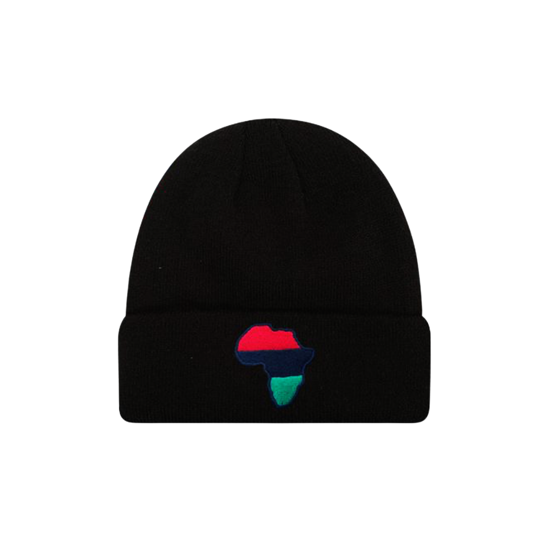 A black beanie with a graphic of the African continent in vibrant colors on the front.