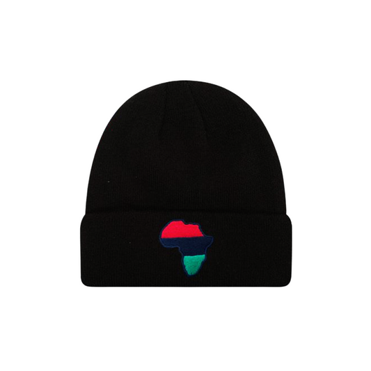 A black beanie with a graphic of the African continent in vibrant colors on the front.