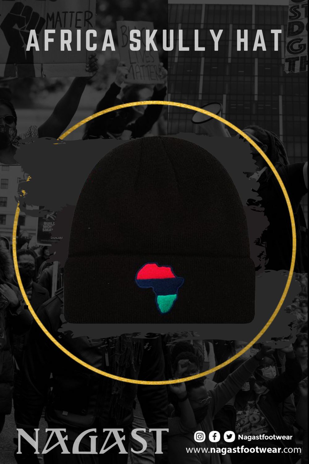Slightly elevated front view of the Africa Skully Hat, highlighting the embroidered African continent design from a Black-Owned brand, perfect for showcasing style and heritage.