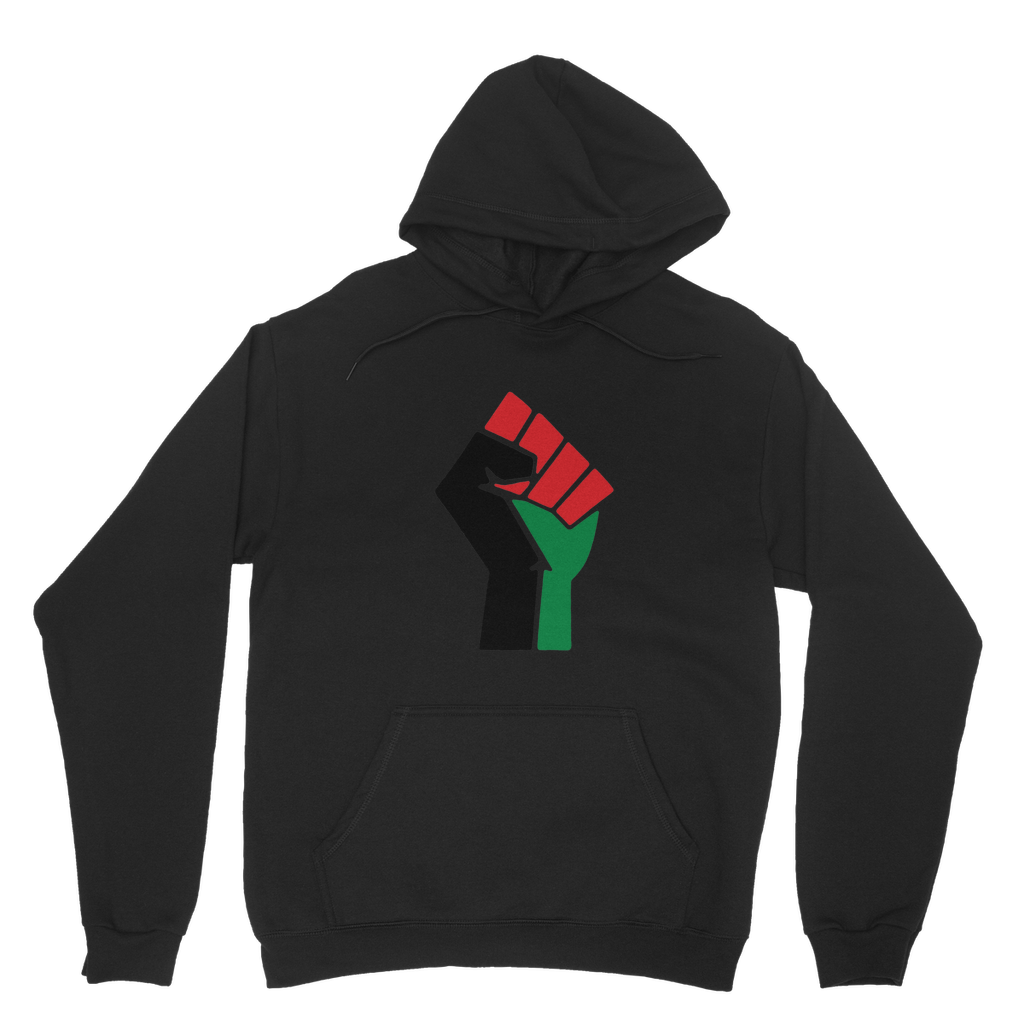 A black hoodie with a graphic design of a fist and the colorful Pan-African flag pattern on the wrist area. The hoodie features a hood and a front pouch pocket.