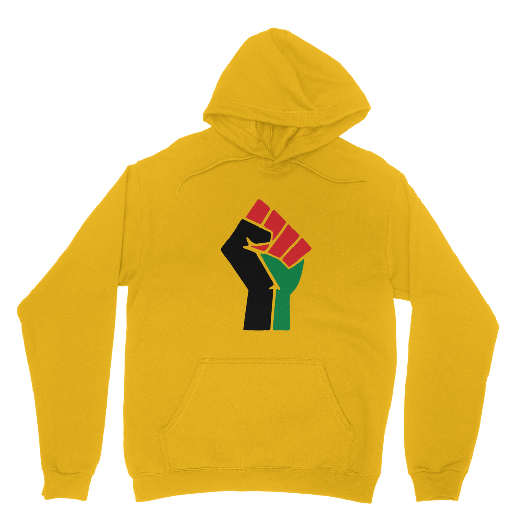 Africa UNITE Men’s Hoodie in yellow – Black-Owned exclusive hoodie featuring vibrant color symbolizing energy, unity, and cultural awareness