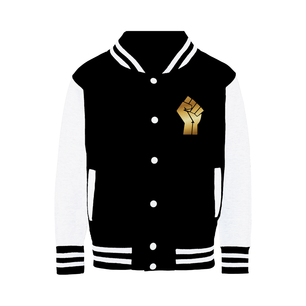 A black and white varsity jacket with a yellow fist design on the front and white cuffs.