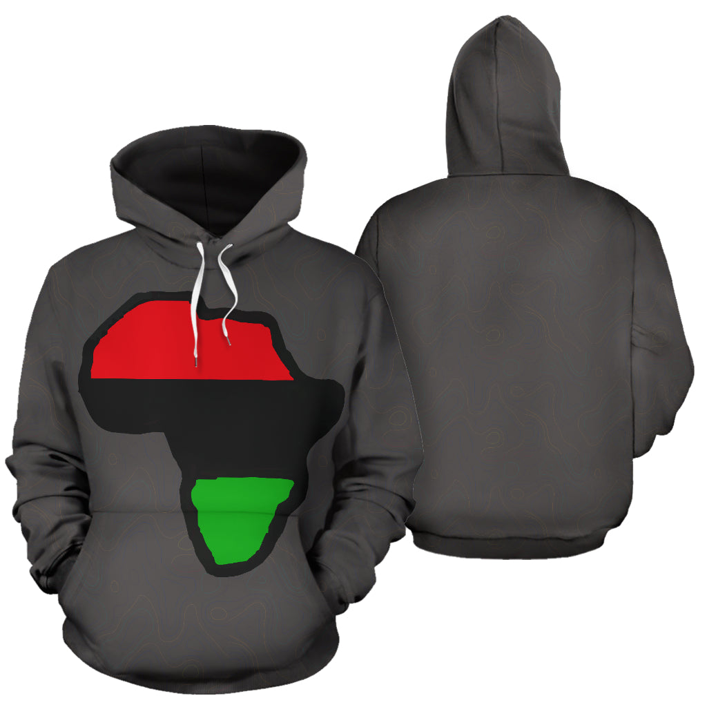 The African Map Design Hoodie showing both front and back views – Black-Owned premium polyester hoodie celebrating African heritage with comfort, style, and cultural pride