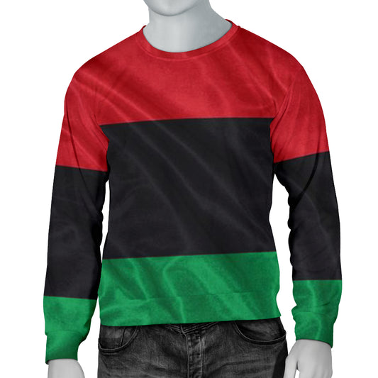 Front view of the African RBG Flag Sweater by a Black-owned brand, featuring red, black, and green heritage colors.