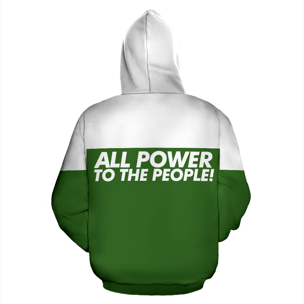 Back view of All Power to the People Green Hoodie showing clean design and solid color by a Black-Owned brand.