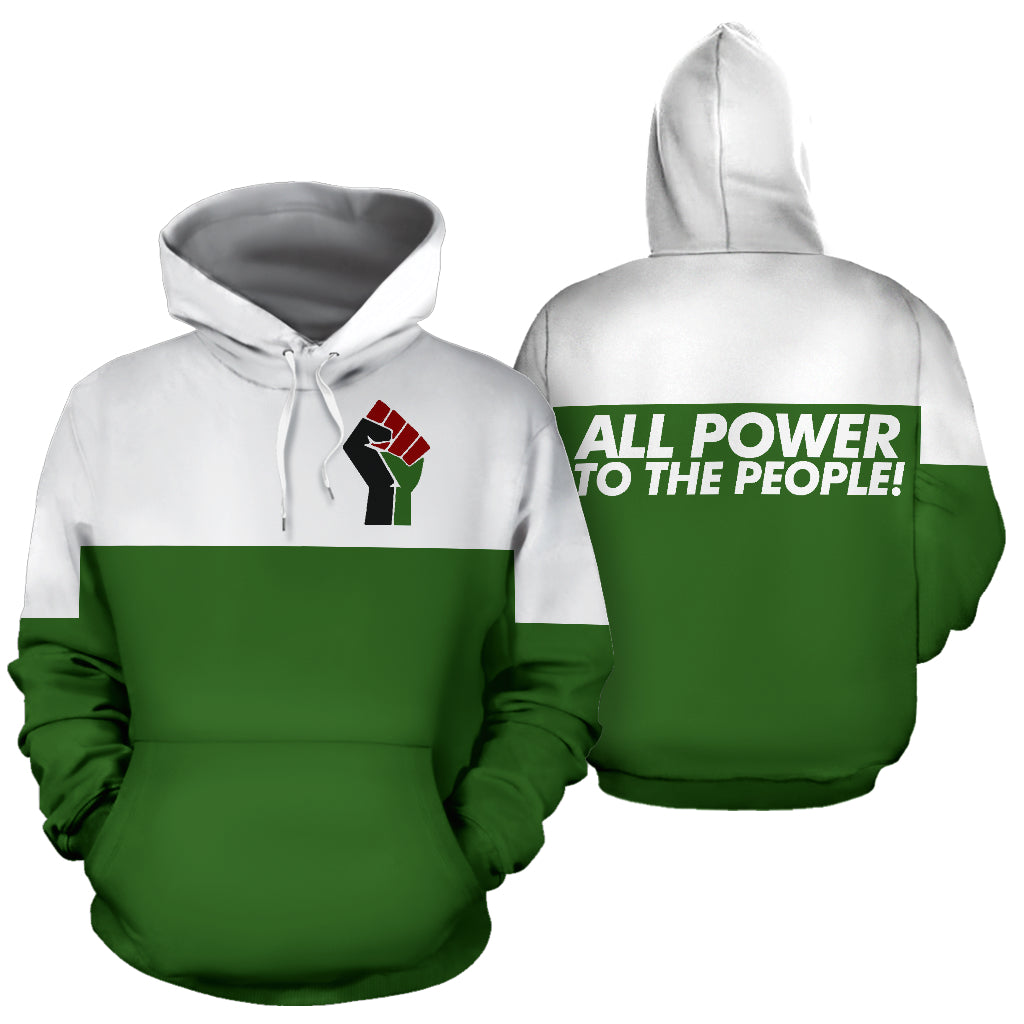 A green and white hoodie with 'ALL POWER TO THE PEOPLE!' text and a fist symbol on the front.