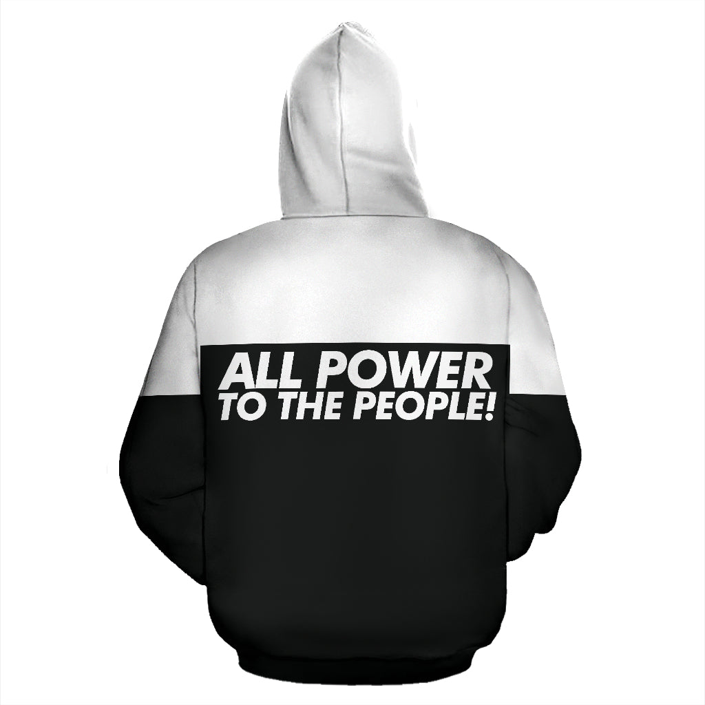 Back view of All Power to the People Text Design Black Hoodie highlighting smooth black polyester fabric.