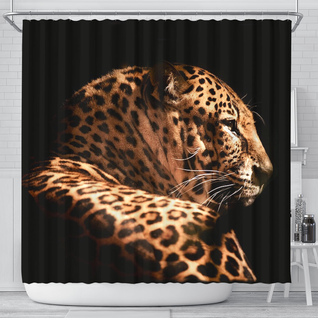 Front view of Amazing Leopard Print Shower Curtain – Black Owned decor brand, premium handcrafted polyester curtain for bold and stylish bathroom design.