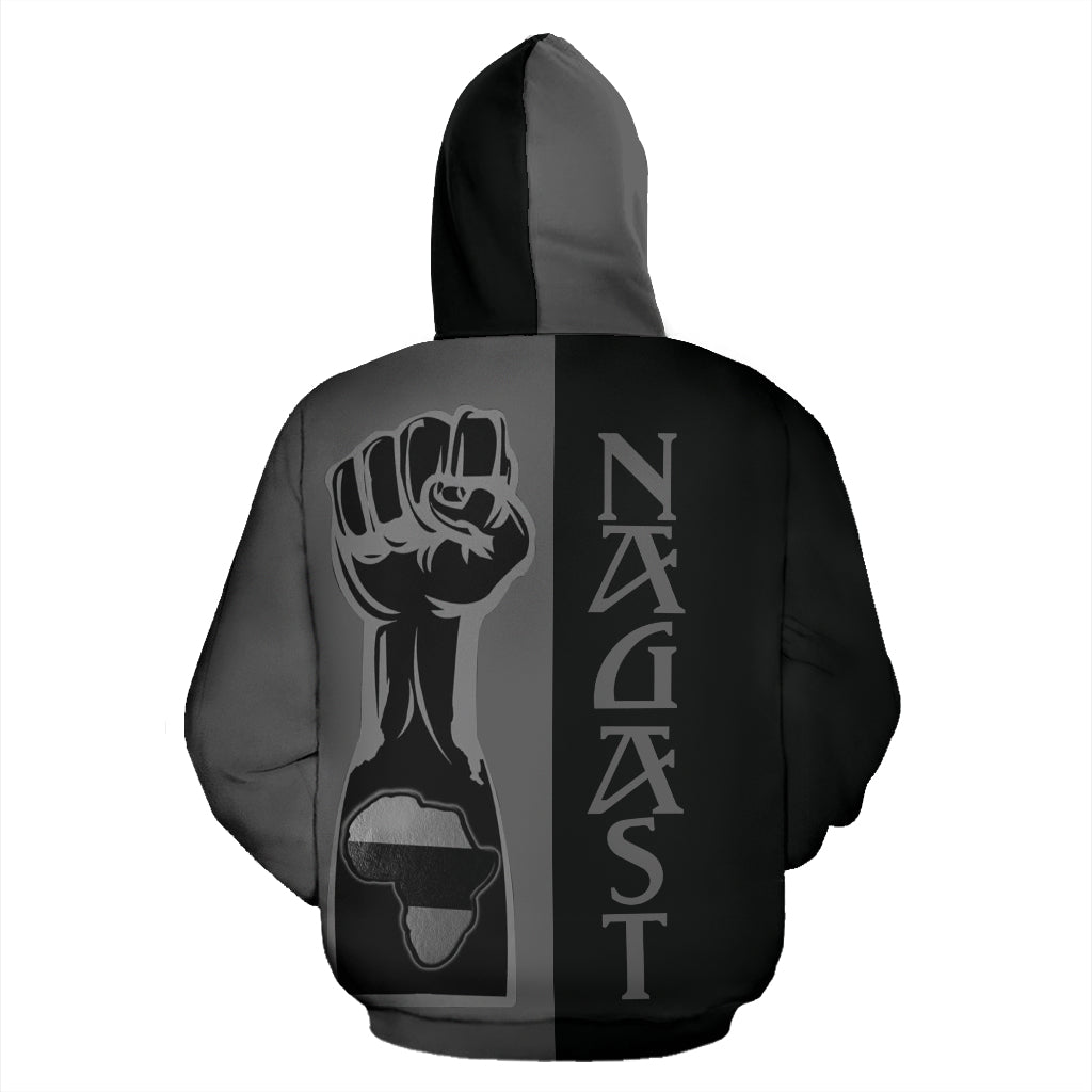 Back view of the Ancient NAGAST Black Hoodie from a Black-Owned brand, showcasing intricate design elements that honor ancient roots and Black empowerment. Made with durable premium polyester for lasting comfort.