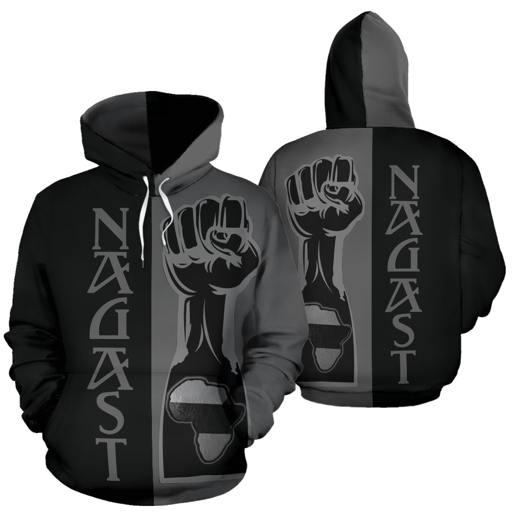 Front and back views of the Ancient NAGAST Black Hoodie by a Black-Owned brand. Made from premium polyester, this custom hoodie combines cultural pride with modern comfort, featuring bold designs that honor ancient heritage and Black empowerment.