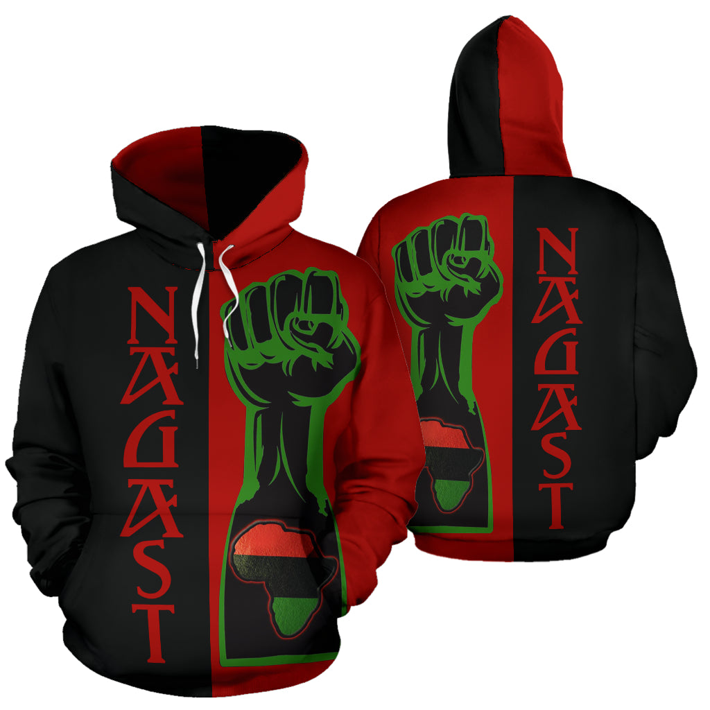 Full front and back view of the Ancient NAGAST Hoodie by a Black-Owned brand, made with premium polyester and heritage pride.