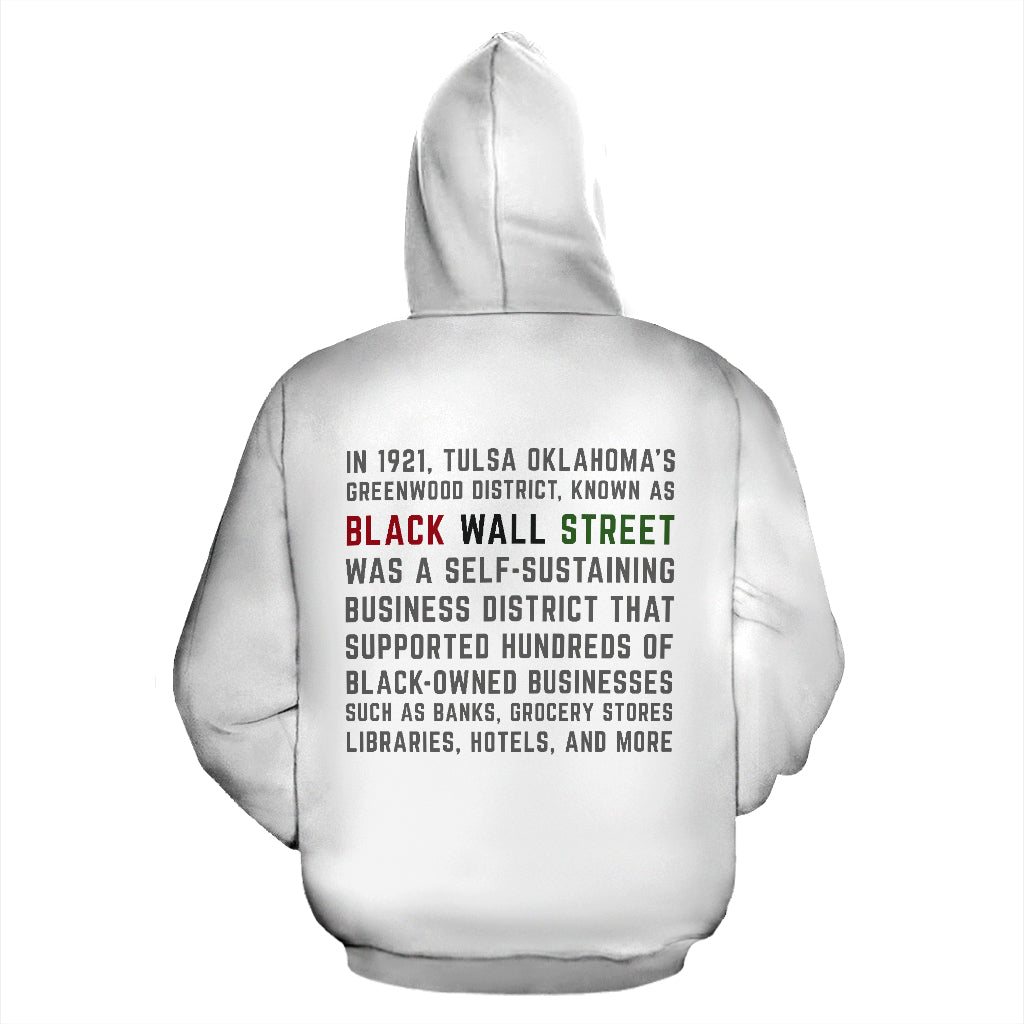 Back view of the Black Wall Street White Hoodie highlighting the clean design and high-quality polyester fabric, perfect for stylish everyday wear.