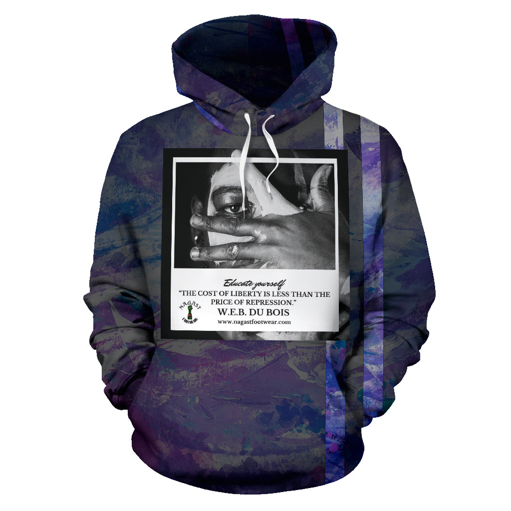 A men's hoodie with a purple and blue color scheme. The front features a black and white image and text related to the cost of liberty, with the brand's website mentioned.
