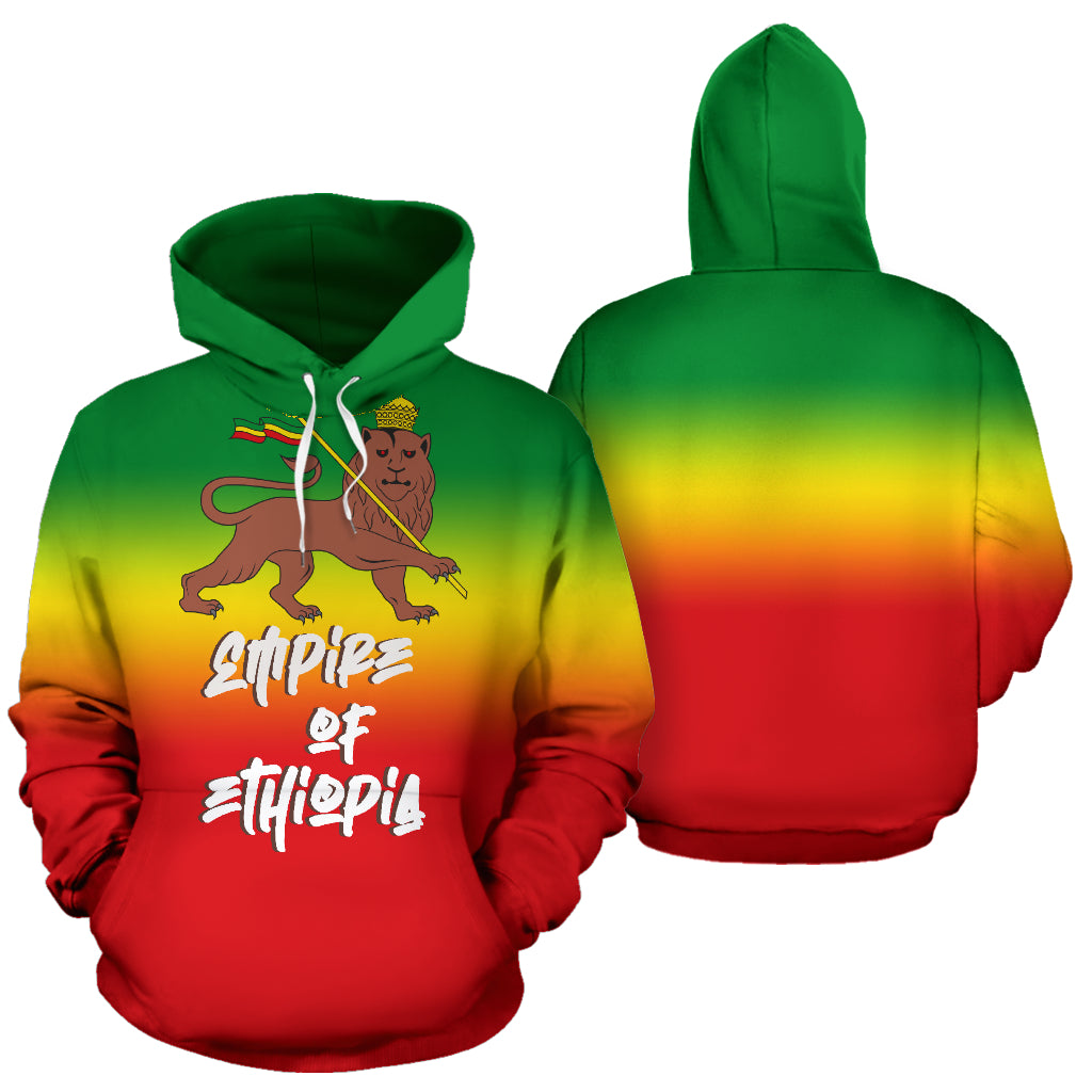 Empire of Ethiopia Text Design Hoodie showing both front and back views – Black-Owned custom-made premium polyester hoodie celebrating cultural pride with comfort and quality craftsmanship