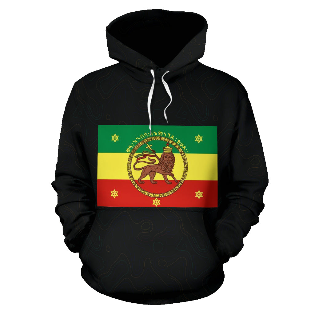 A black hoodie with a high-definition heat-dye application of the Ethiopian flag in green, yellow, and red colors, featuring a graphic design.